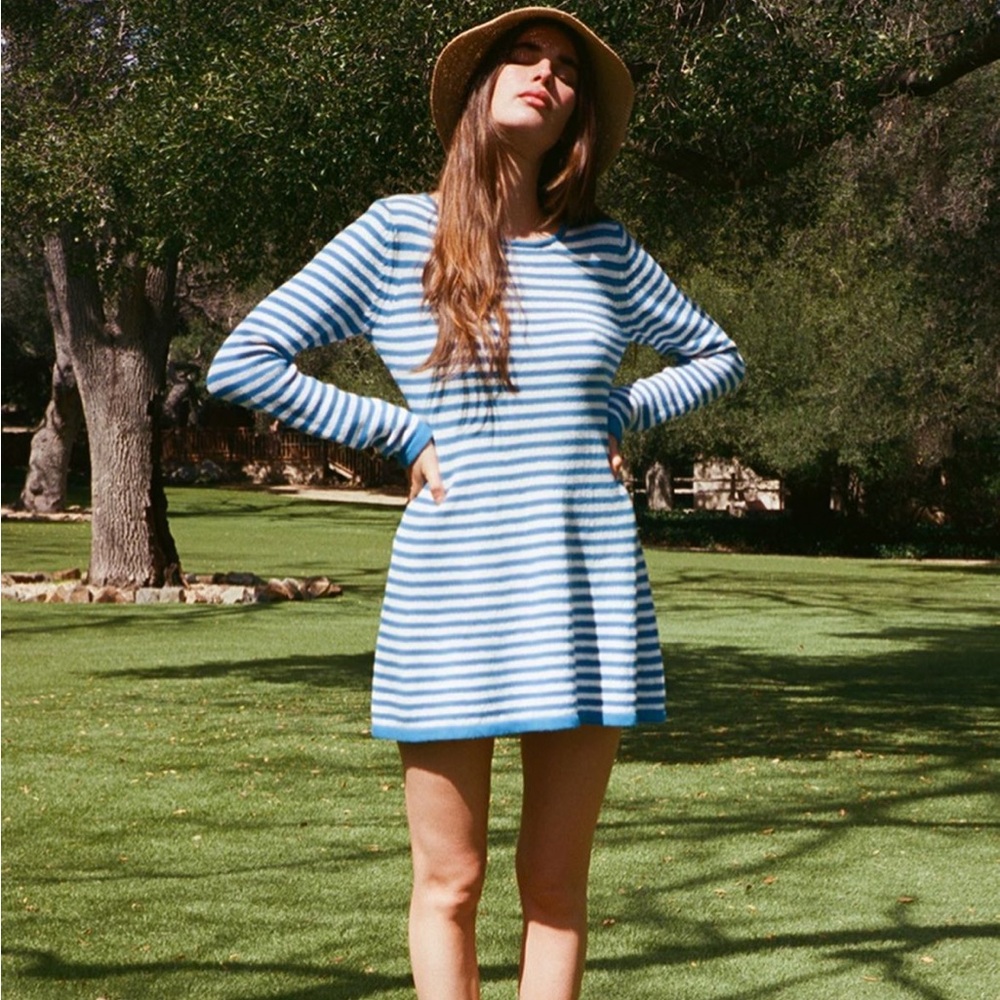 Striped Open-Back Mini Dress - Blue/White - Picture 5 of 12